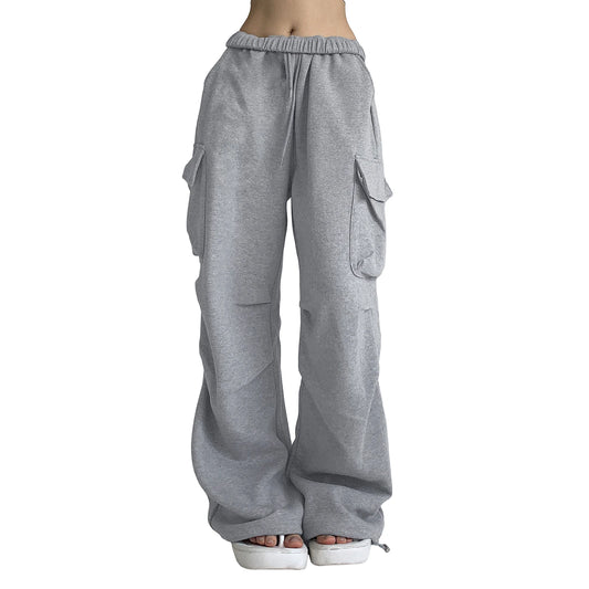 Women s Baggy Cargo Pants High Waist Solid Color Parachute Pants Ruched Sweatpants with Flap Pockets