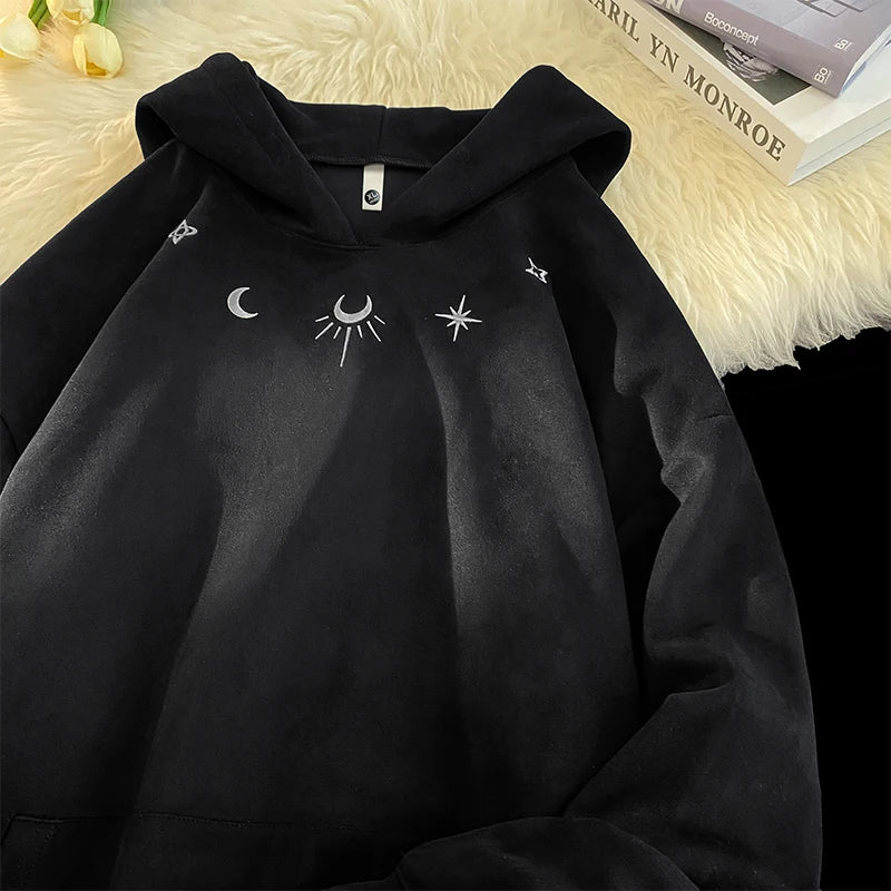 Men Suede Hooded Sweatshirt Retro Gothic Embroidered