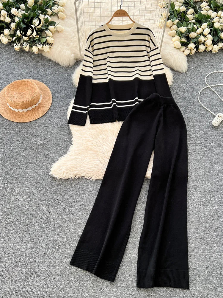 Autumn Women Striped Two Piece Knit Sweater Set O Neck