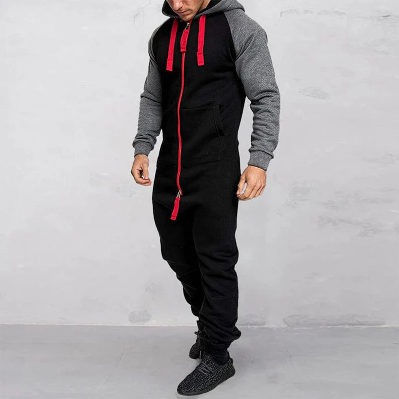 Men s Hooded Jumpsuit with Front Zipper and Pockets Long Sleeve Romper for Winter and Fall Full Length Contrast Design