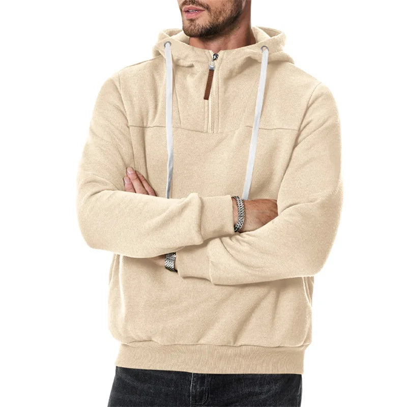 Men s Lightweight Hooded Sweatshirt with Solid Color and 1 3 Zipper Closure Long Sleeve Pullover for Fall Streetwear Style