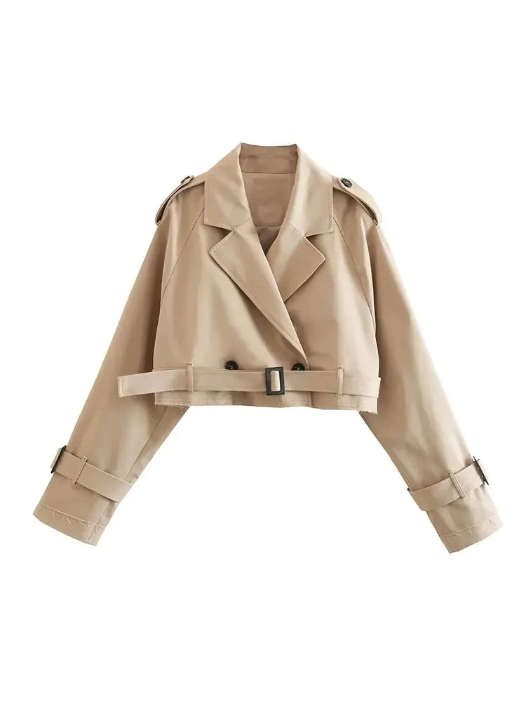 Cropped Trench Coat Women Belt Double Breasted Spring
