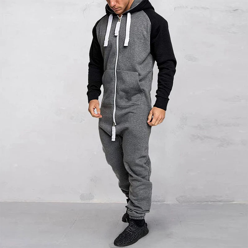 Men s Hooded Jumpsuit with Front Zipper and Pockets Long Sleeve Romper for Winter and Fall Full Length Contrast Design