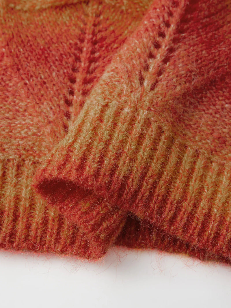 Women Cable Knit Ombre Color Block Chunky Sweater Pullover