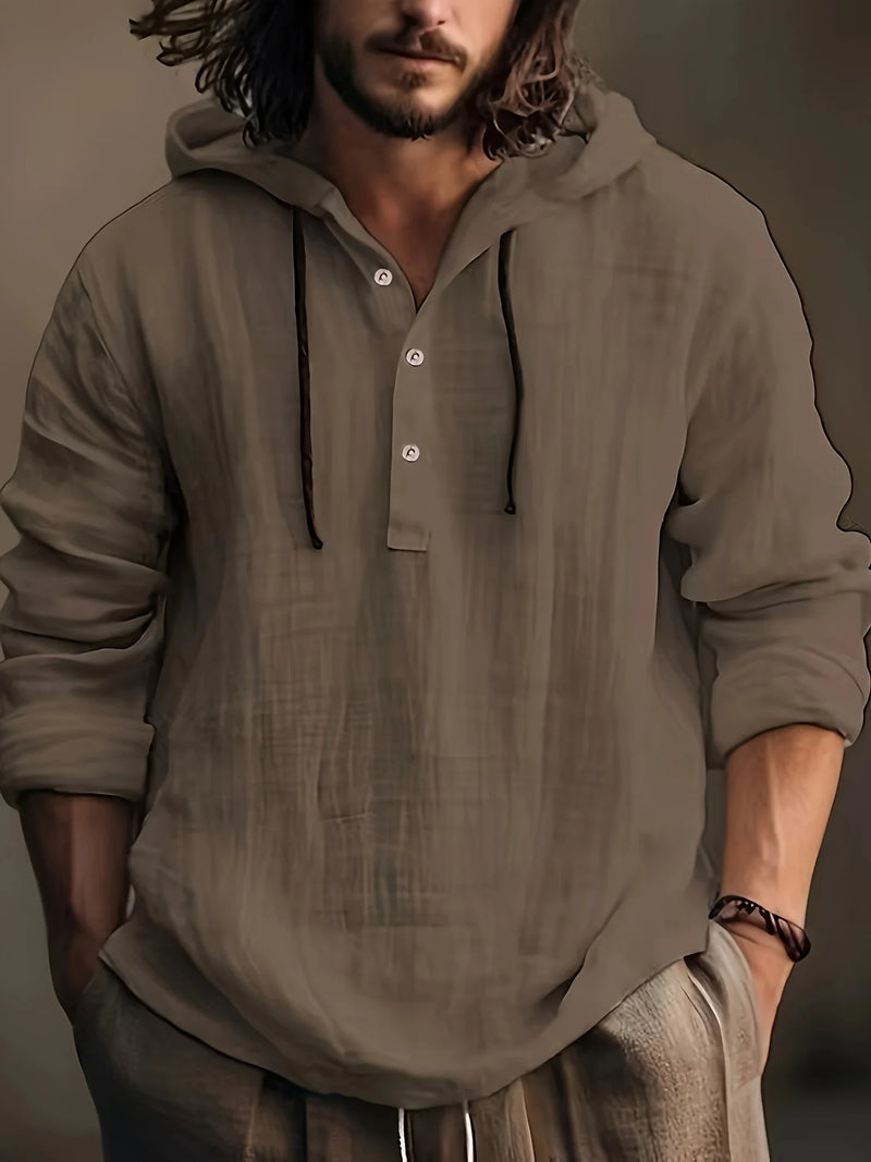 Men's spring and autumn cotton and linen shirt with hooded sweatshirt long sleeve casual and comfortable daily wear