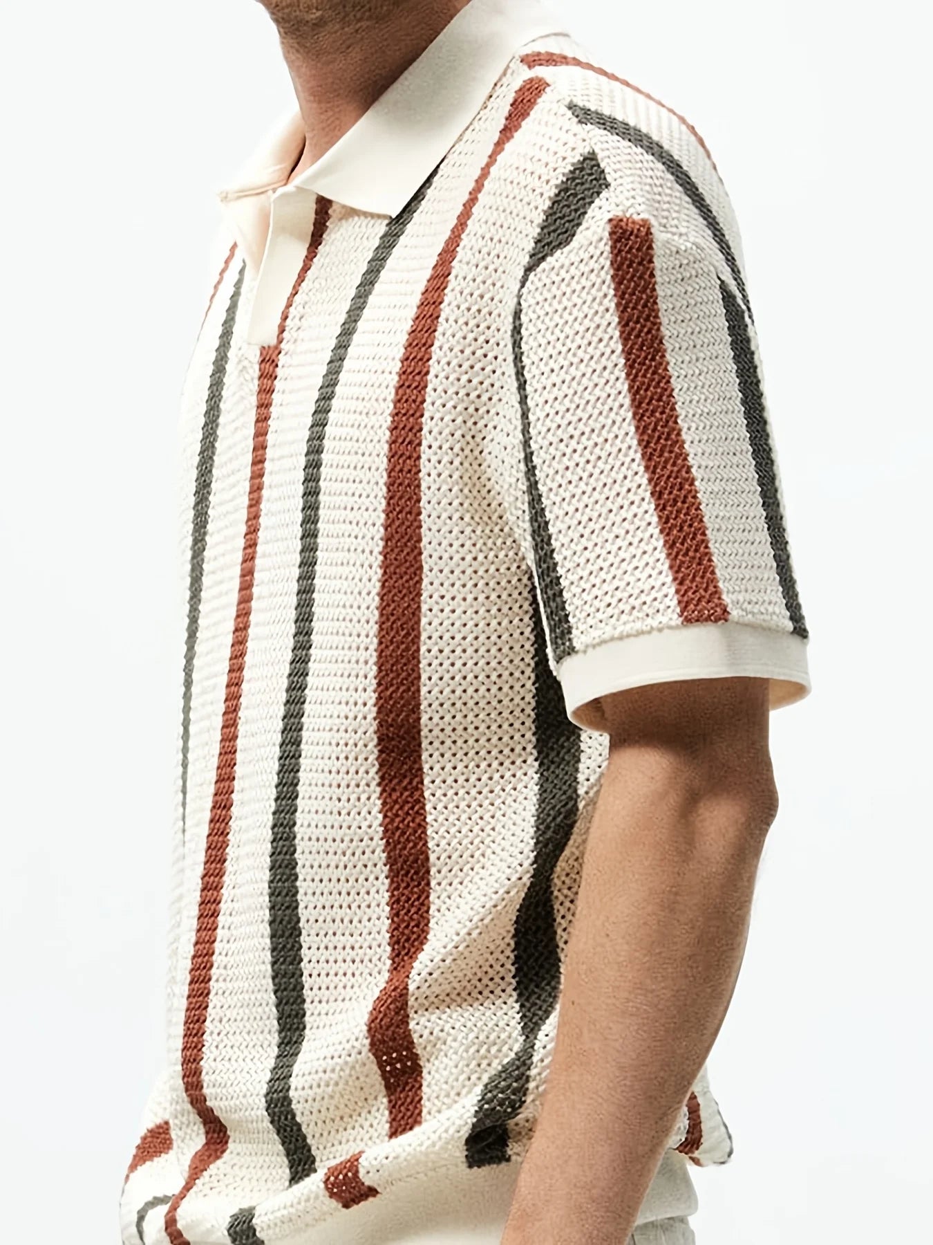 Men's Summer Chunky Knit Short Sleeve Polo With Stripes