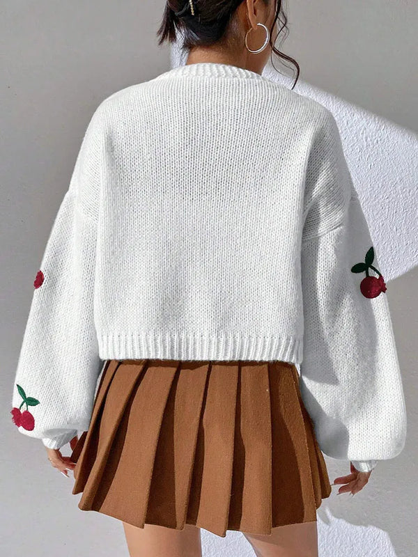 Fashionable Low Shoulder Cherry Embroidery Cardigan Womens