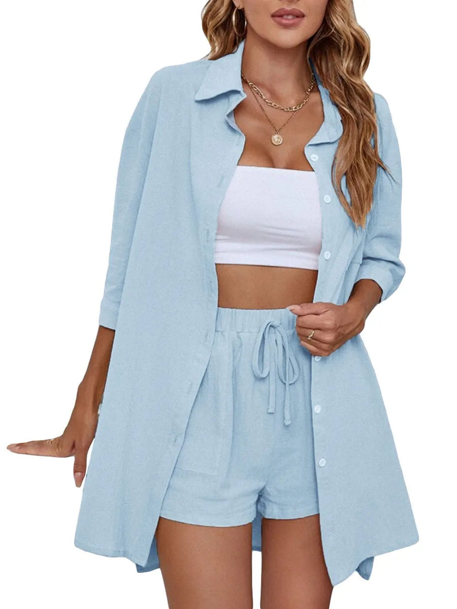 Womens Casual 2 Loungewear Set Short Sleeve Shirt Shorts