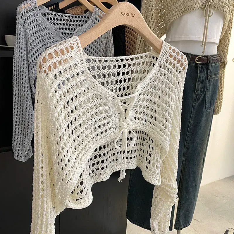 Hollow Out Camisole Knit Sweater Sun Protection Cover Up