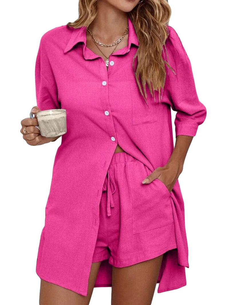Womens Casual 2 Loungewear Set Short Sleeve Shirt Shorts