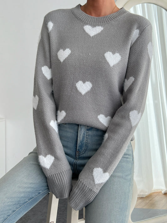 Women's Chic Blue Heart Pattern Crew Neck Sweater - Cozy Long Sleeve Knit Pullover, Soft Acrylic/Nylon Blend, Perfect for Fall &