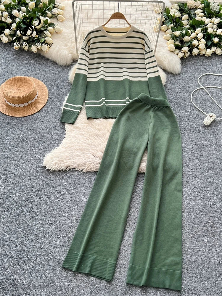 Autumn Women Striped Two Piece Knit Sweater Set O Neck