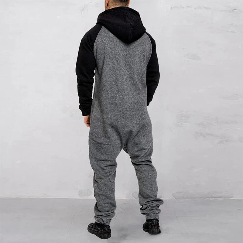 Men s Hooded Jumpsuit with Front Zipper and Pockets Long Sleeve Romper for Winter and Fall Full Length Contrast Design