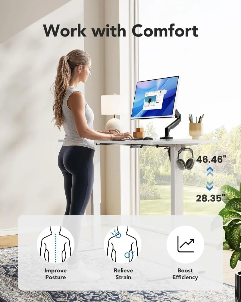Electric Standing Desk, 48" x 30" Whole Piece Desktop, Adjustable Height Computer Desk, 4 Height Memory Settings