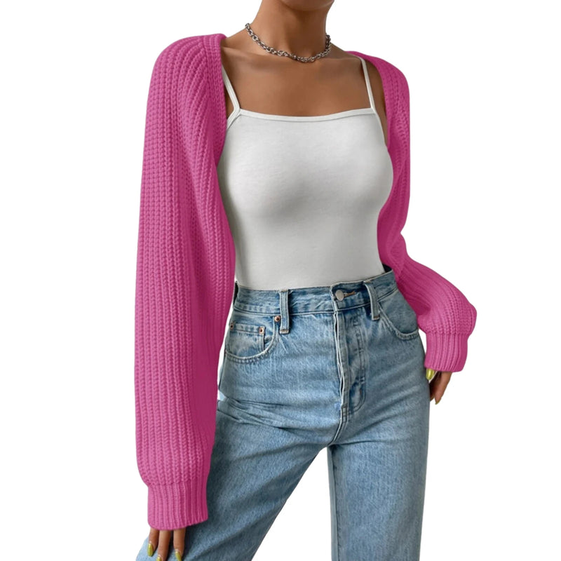 Women Open Front Cropped Cardigan Long Sleeve Knit Shrug