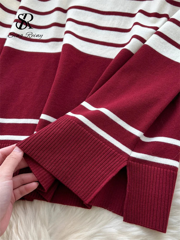 Autumn Women Striped Two Piece Knit Sweater Set O Neck