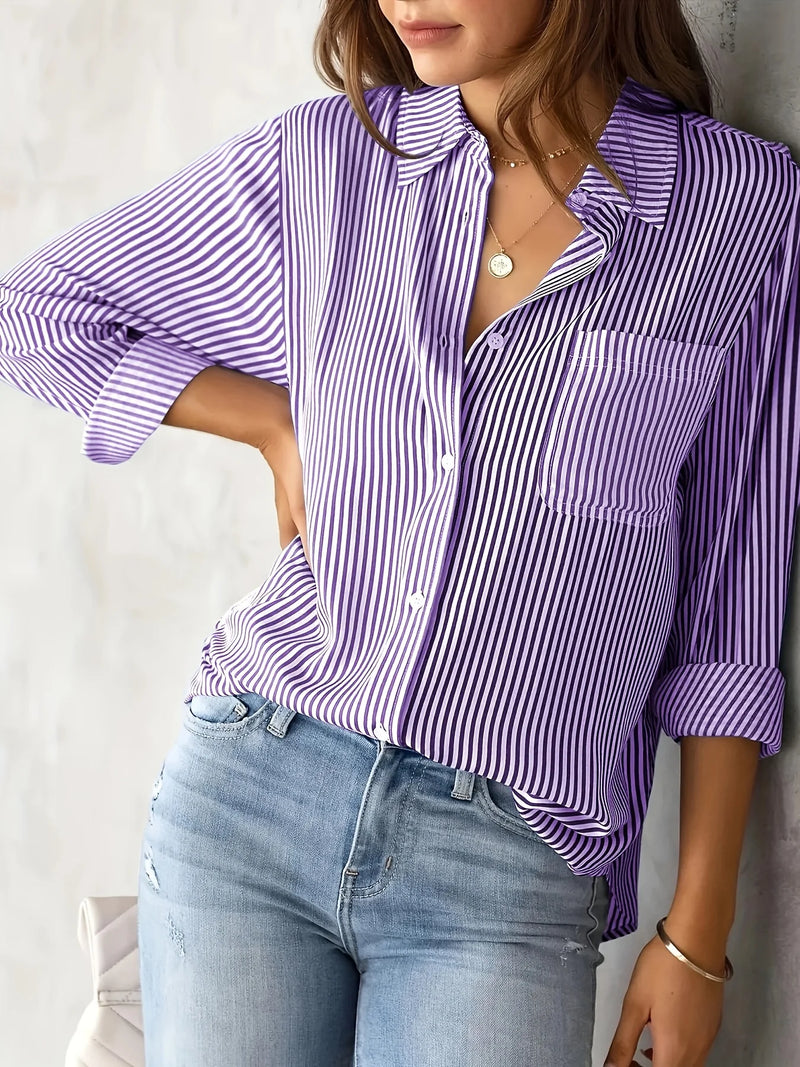 Womens Striped Shirt With Pockets Long Sleeves All Seasons