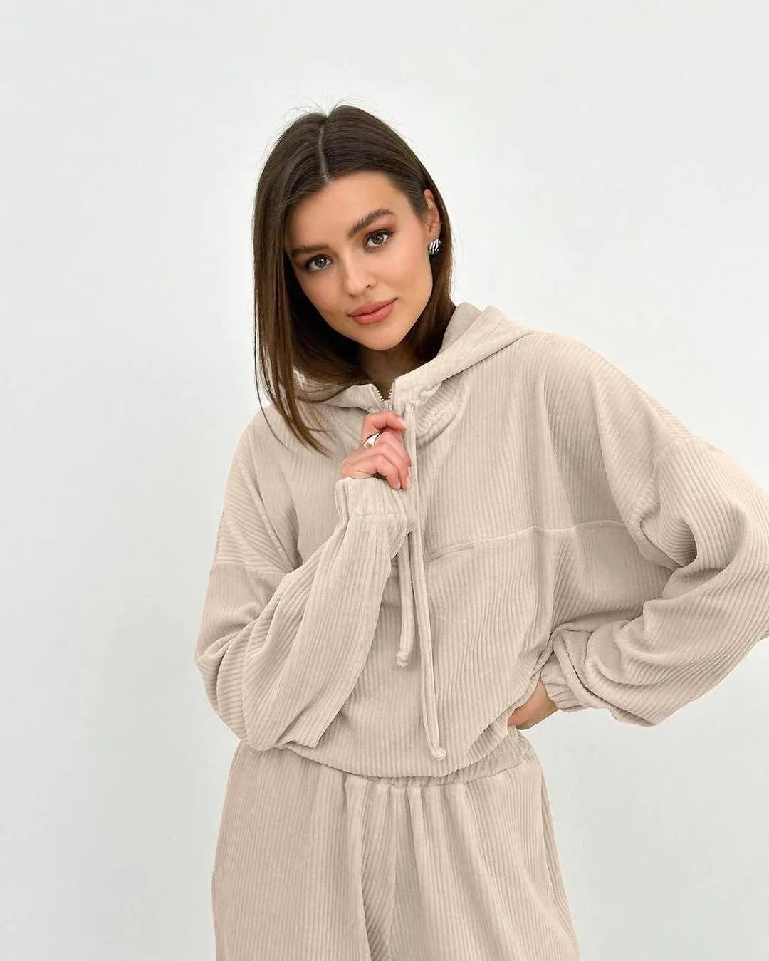 Hooded Drawstring Top Long Pants Two Piece Set Ladies