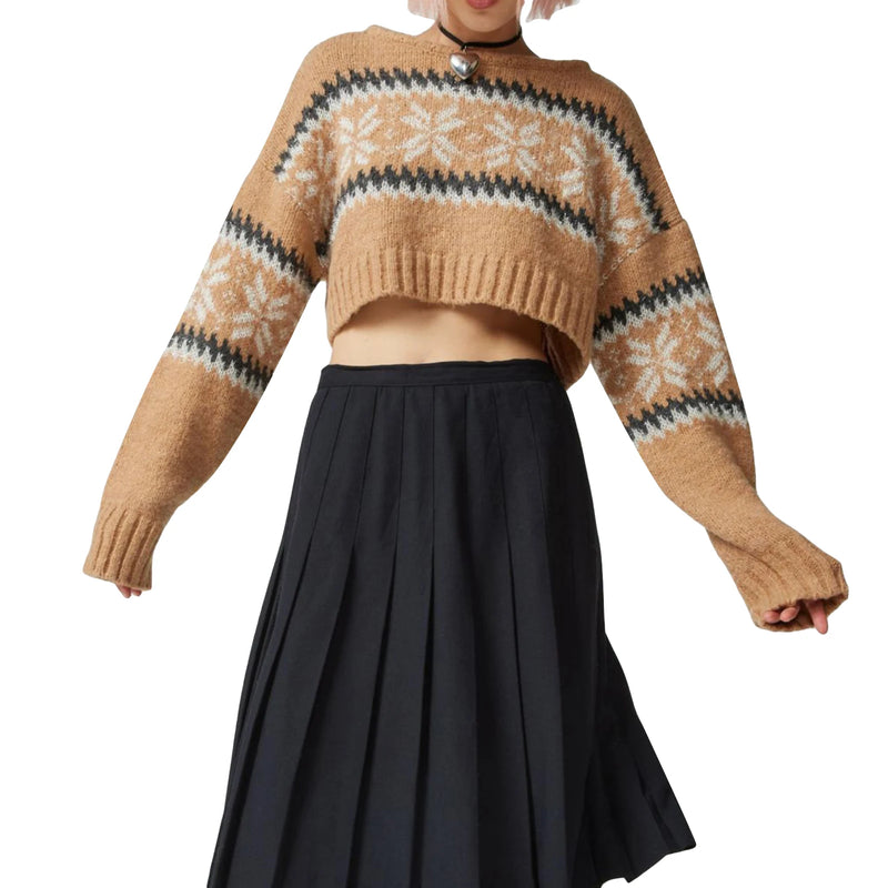 Women Cute Cropped Sweaters Casual Print Warm Long Sleeve Pullover Basic Knitwear for Fall Streetwear