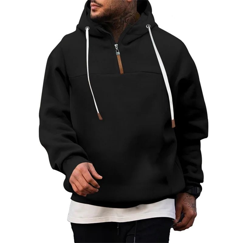 Men s Lightweight Hooded Sweatshirt with Solid Color and 1 3 Zipper Closure Long Sleeve Pullover for Fall Streetwear Style