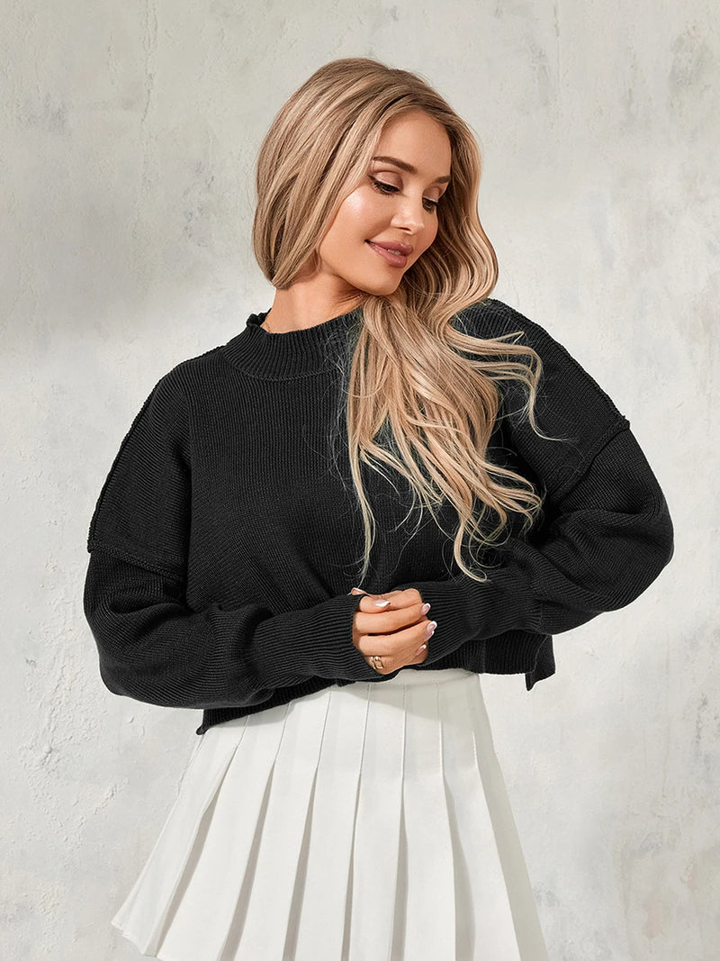 Women Autumn Cropped Knit Top Ribbed Round Neck Long Sleeve