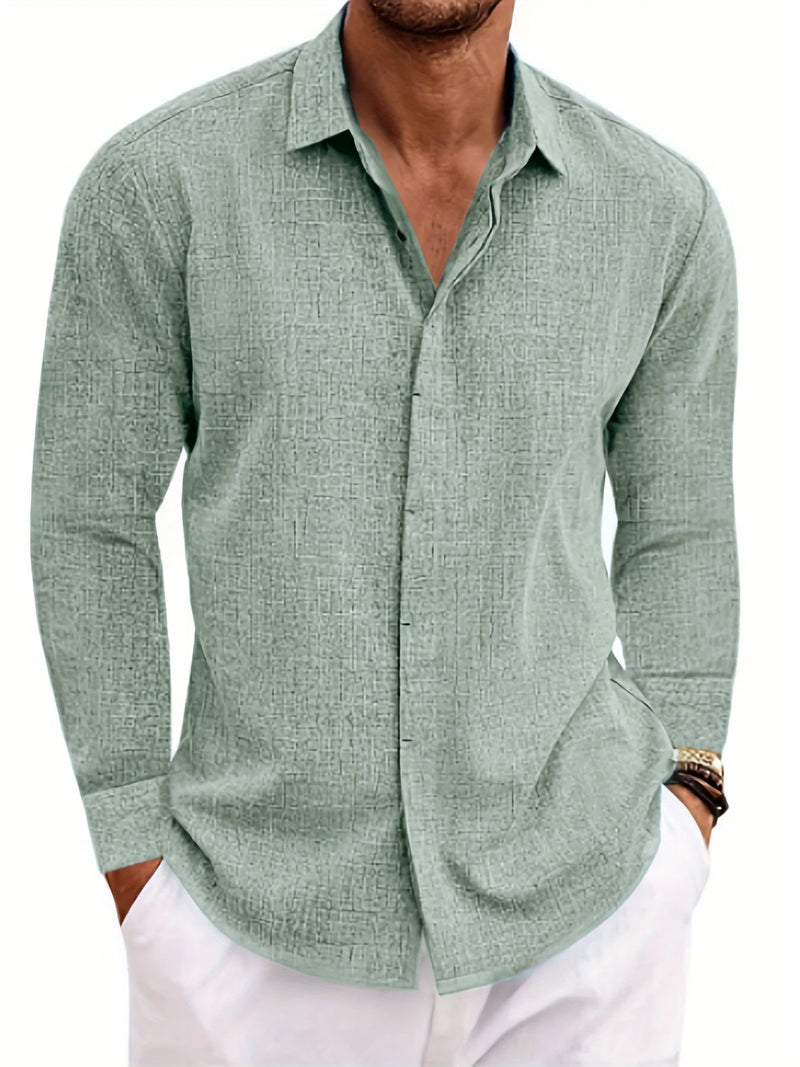 Mens Linen And Cotton Long Sleeve Shirt Solid Color Casual