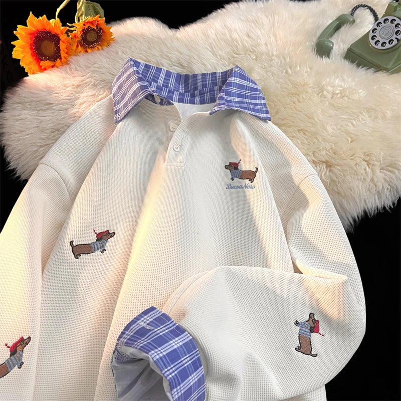 Plaid Patchwork Polo Collar Hoodie Sweatshirt Men Women