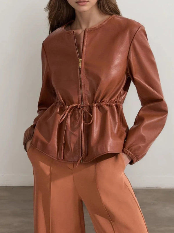 Brown PU Leather Jacket Women Y2K Zipper Cropped Outwear