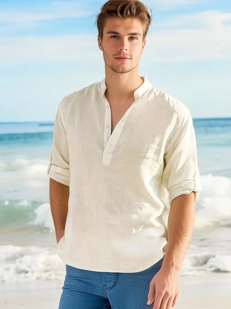 Men's Linen Stand Collar Long Sleeve T-Shirt Loose Fit; Solid Color Long Sleeve Cotton Linen Shirt