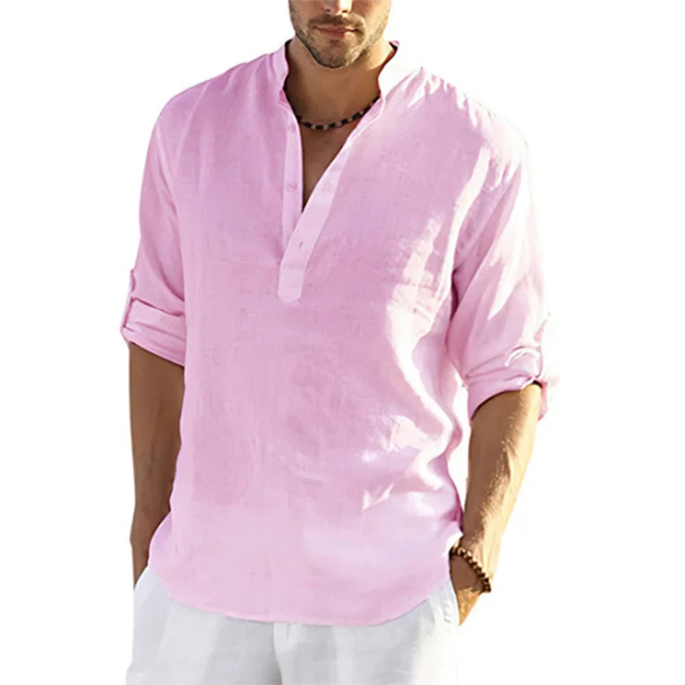 Men's Cotton Linen Casual Shirt Long Sleeve Stand Collar