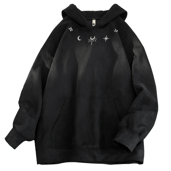 Men Suede Hooded Sweatshirt Retro Gothic Embroidered