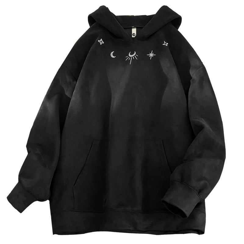 Men Suede Hooded Sweatshirt Retro Gothic Embroidered
