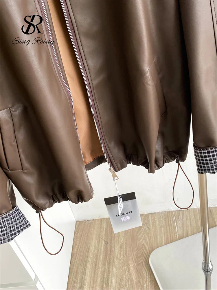 Singreiny Moto Biker Windbreaker PU Leather Jacket Style