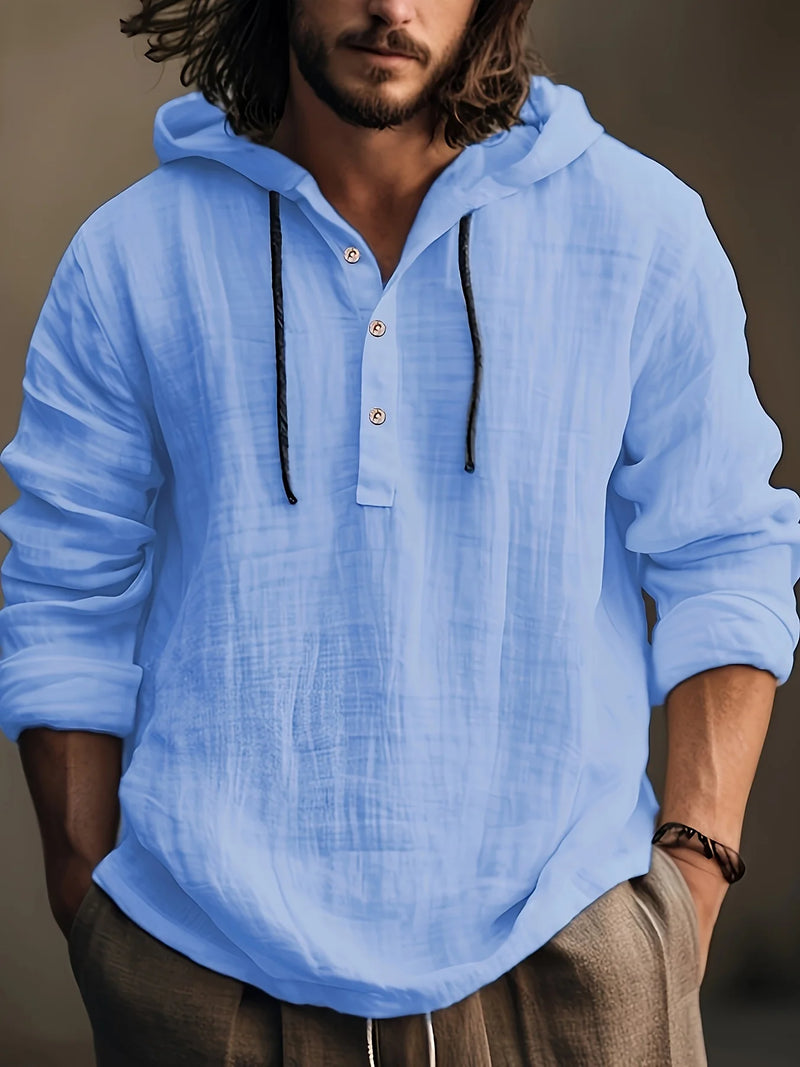 Men's spring and autumn cotton and linen shirt with hooded sweatshirt long sleeve casual and comfortable daily wear