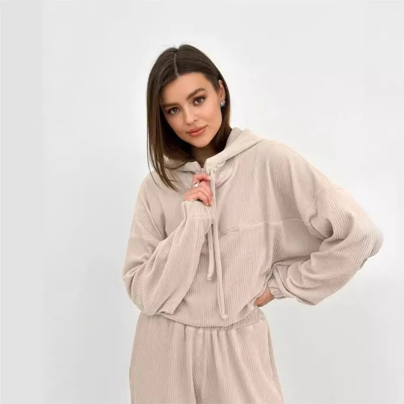 Hooded Drawstring Top Long Pants Two Piece Set Ladies
