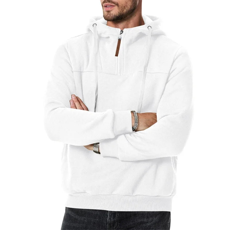 Men s Lightweight Hooded Sweatshirt with Solid Color and 1 3 Zipper Closure Long Sleeve Pullover for Fall Streetwear Style