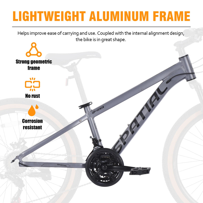 SPATIAL Mountain Bike 24 Inch, 21 Speed Aluminum Frame Lightweight Bike,Dual Disc Brake Bicycle for Teenager