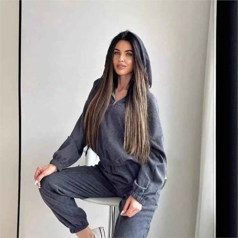 Hooded Drawstring Top Long Pants Two Piece Set Ladies