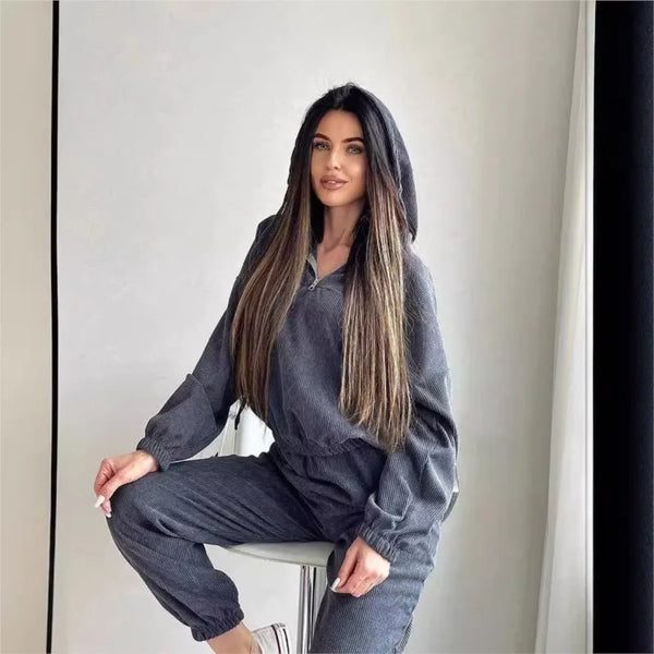 Hooded Drawstring Two Piece Set For Women Autumn Winter