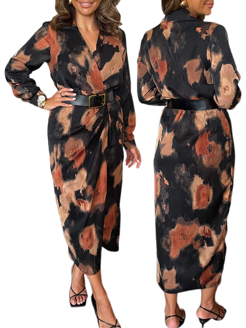 Women s Long Sleeve Tie-Dye Print V-Neck Wrap Dress with Belt for Cocktail Party and Streetwear Fashion