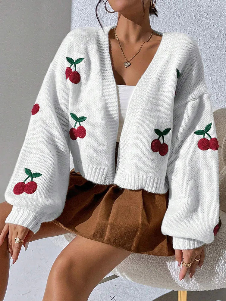Fashionable Low Shoulder Cherry Embroidery Cardigan Womens