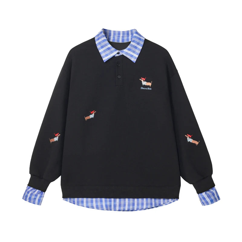 Plaid Patchwork Polo Collar Hoodie Sweatshirt Men Women