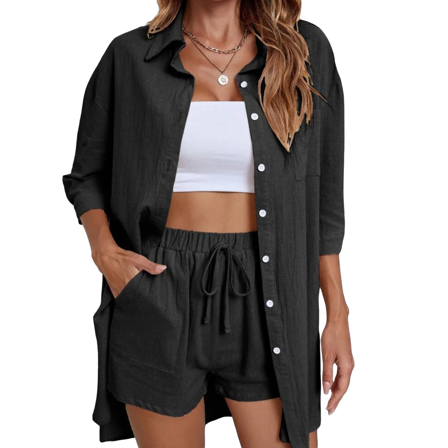 Womens Casual 2 Loungewear Set Short Sleeve Shirt Shorts