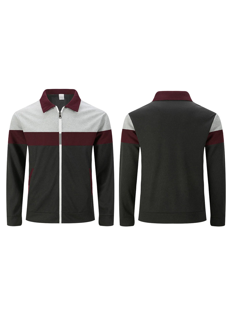 Mens Zip Up Jacket Patchwork Pockets Lapel Collar Outerwear