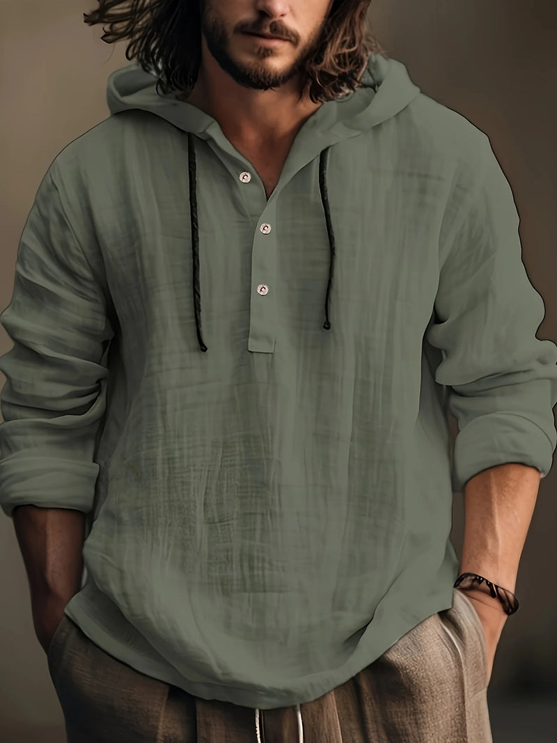 Men's spring and autumn cotton and linen shirt with hooded sweatshirt long sleeve casual and comfortable daily wear