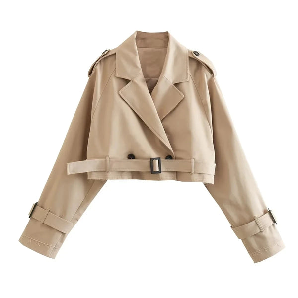 Cropped Trench Coat Women Belt Double Breasted Spring