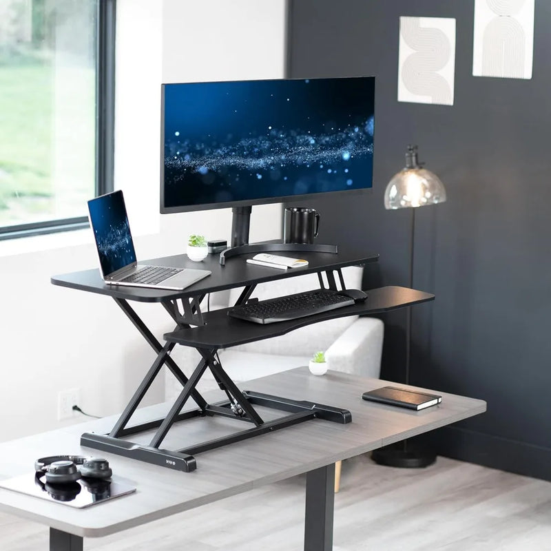 42 inch Desk Converter, K Series, Height Adjustable Sit to Stand Riser, Dual Monitor and Laptop Workstation with Keyboard Tray