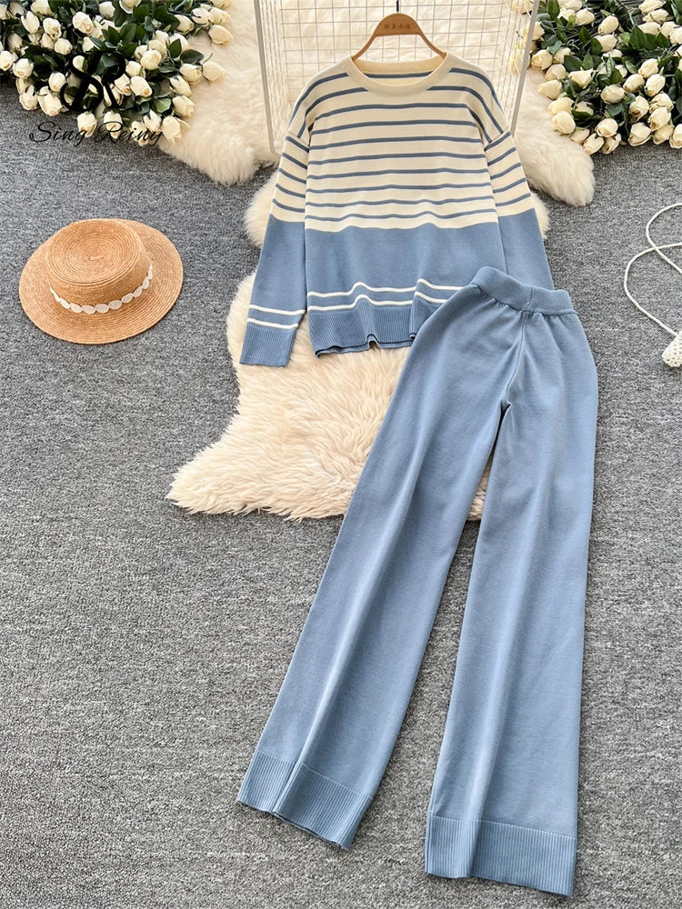 Autumn Women Striped Two Piece Knit Sweater Set O Neck