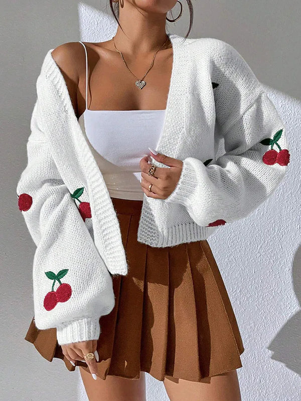 Fashionable Low Shoulder Cherry Embroidery Cardigan Womens