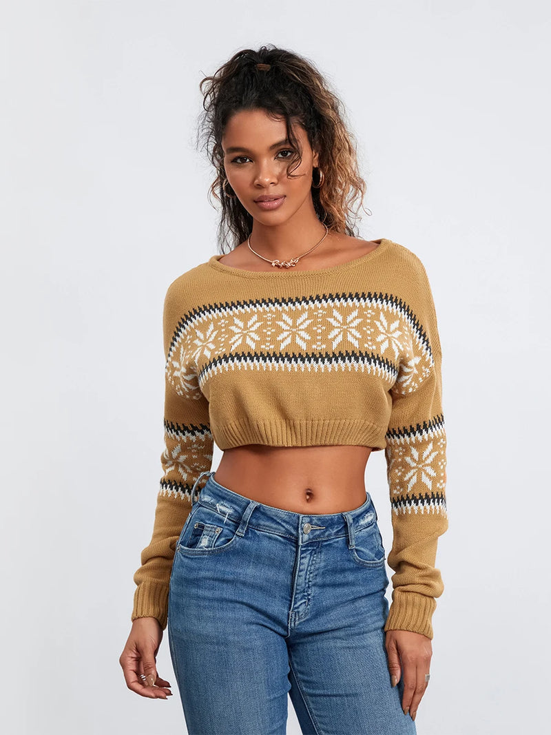 Women Cute Cropped Sweaters Casual Print Warm Long Sleeve Pullover Basic Knitwear for Fall Streetwear